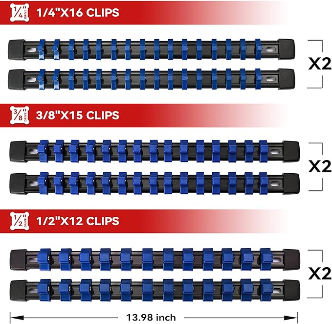 ALOANES 12 PC ABS Socket Organizer,1/2 inch, 3/8 inch, and 1/4 inch Drive Socket Rail Holders, Heavy Duty Socket Racks, Black Rails with Blue Clips