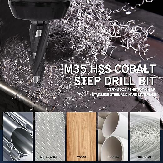 M35 Four Spiral Flute Cobalt Step Drill Bit Set 1/8"-7/8", Industrial Grade Wear-Resistant TiAlN Coated 1/4" Hex Shank Step Bit for Metal, Stainless Steel, Aluminum, Wood, Plastic (3pcs)