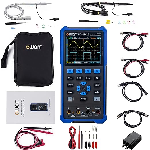 HDS2202S Oscilloscope, 200MHz Bandwidth Oscilloscope Multimeter, 3 in 1 Function Dual Channel Oscillograph with Waveform Generator, 3.5" High Resolution LCD