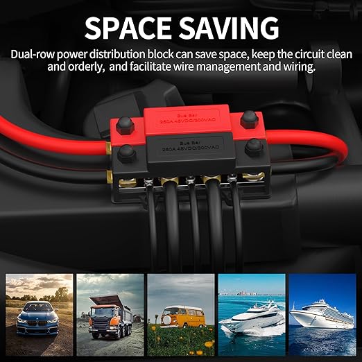 250A Dual Row Bus Bar 12V Power Distribution Block 8 x 3/8" Terminal Stud, 6 x #8 Screw Terminals Positive & Ground Battery Bus Bar