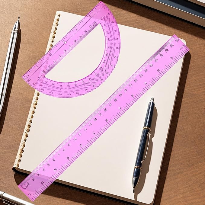 2 Packs 12 Inch Plastic Ruler and 6 Inch Plastic Protractor Set Clear Math Geometry Set Classroom Set Angle Detector School Supplies Classroom Ruler Home Office Drawings (Pink)