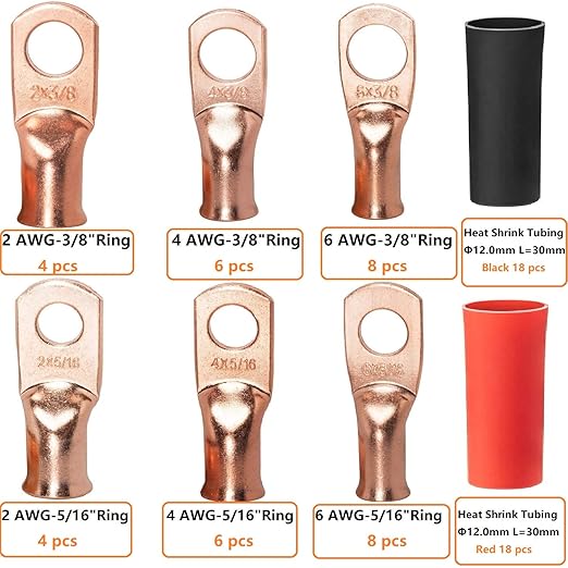 Bare Copper Lugs 2 4 6 Gauge Battery Lugs 72pcs Heavy Duty Wire Lugs 2 AWG 4 AWG 6 AWG Battery Cable Ends Ring Terminals Kit with 3/8" & 5/16" Stud Cable Lugs Terminal Connectors with Heat Shrink Tube