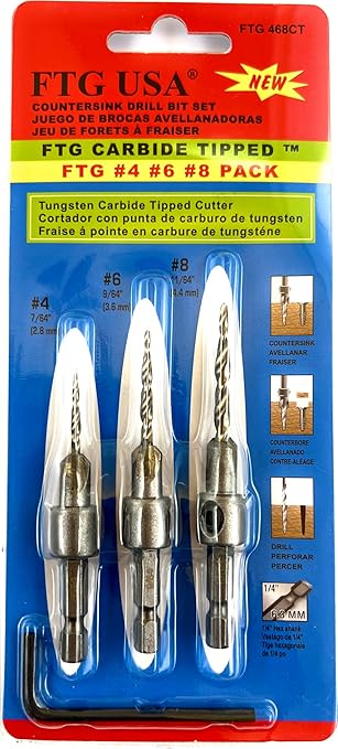 Wood Countersink Drill Bit Set #4#6#8 Set Countersink HSS M2 Tapered Drill Bits, Quick Change Hex Shank Countersink Bit, 1 Stop Collar, 1 Allen Wrench, Countersink Drill Bit for Woodworking