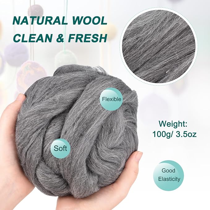 uxcell Needle Felting Wool, 3.5 Oz Nature Fibre Wool Yarn Roving - Image 2