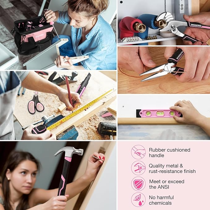 WORKPRO Pink Household Tool Kit with Drill, 157PCS Tool Set with 20V Cordless Lithium-ion Drill Driver, Home Tool Kit for All Purpose, Power Drill Sets with Pink Tool Bag - Pink Ribbon