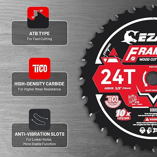 EZARC 7-1/4 Inch Circular Saw Blades 24T - FRAMING Wood Cutting Blade, Ultra-Thin 1.5mm Kerf, Non-Stick Coating, 2 Pack