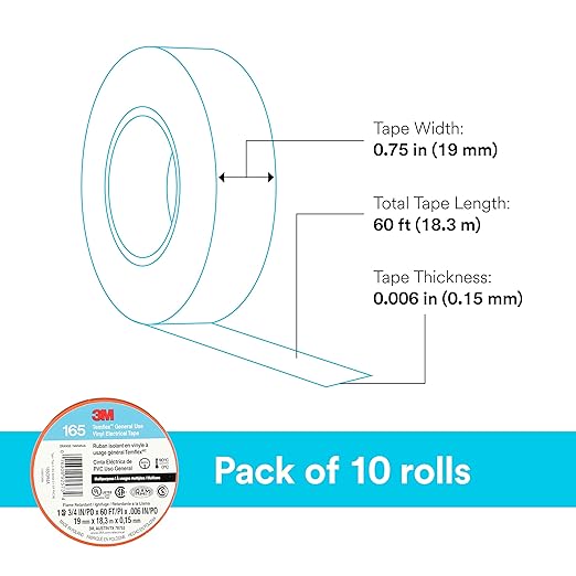 3M Temflex Multi-Purpose Vinyl Electrical Tape 165, Orange, 3/4 in x 60 ft (19 mm x 18 m), 10 Roll Pack