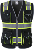 JKSafety 10 Pockets Hi-Vis Neon Color Frontal Zipper Mesh Safety Vest for Men Women Safety Utility for works Comply to ANSI/ISEA Standards (86-Black M)