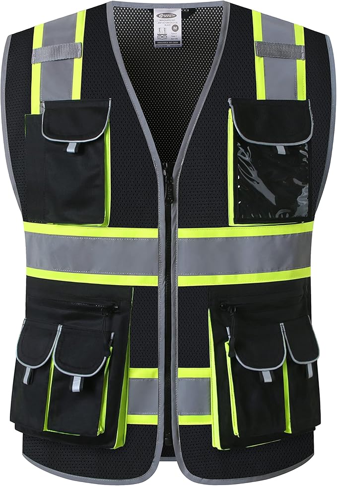 JKSafety 10 Pockets Hi-Vis Neon Color Frontal Zipper Mesh Safety Vest for Men Women Safety Utility for works Comply to ANSI/ISEA Standards (86-Black M)