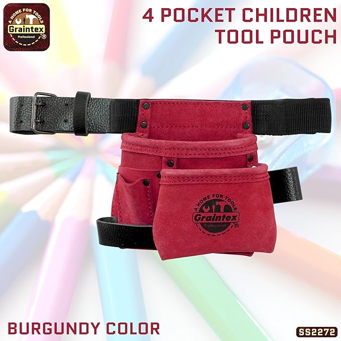 Graintex 4 Pocket Children Tool Pouch Suede Leather with Leather Belt and Hammer Loop