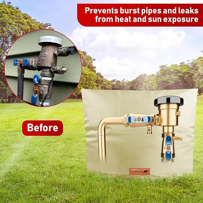 Redford Supply Co. Cold Snap (5°F) Backflow Preventer Insulation Cover, 28"W x 20"H, Pipe Insulation, Water Sprinkler Covers for Outside, Sprinkler Backflow Cover for Winter, Well Pump Bag (Beige)