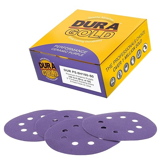Dura-Gold Premium 180 Grit 5" Purple Film Ceramic Sanding Discs, 8-Hole Pattern, Box of 50 - Dustless Hook & Loop Backing Sandpaper for DA & Random Orbital Sanders - Sand Auto Paint, Wood, Woodworking