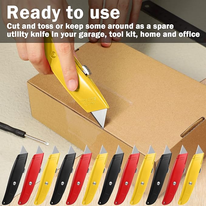 Reginary 30 Pcs Box Cutter Bulk Retractable Blade Utility Knife Heavy Duty Aluminum Alloy Razor Shell Knife for Cartons, Cardboard and Boxes, DIY, Factory, Home(Black, Yellow, Red)