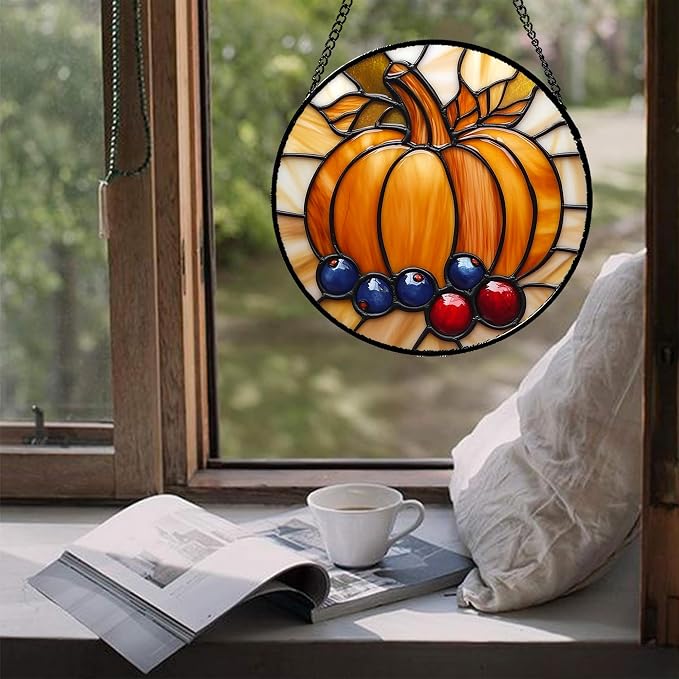 DASTOLL Stained Glass Window Hanging Fall Pumpkin Berries Large 15" - Image 5