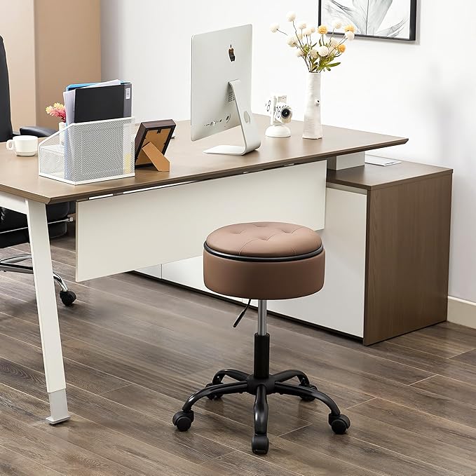 Drafting Chair with Storage, Adjustable Desk Stool with Wheels 20.67"-24.61", Coffee Brown Ergonomic Office Stool