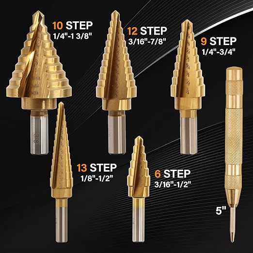 Step Drill Bit Set, 6Pcs HSS Titanium Step Bits with Automatic Center Punch, 50 Sizes Step Drill Bit for Metal, Wood with Aluminum Case