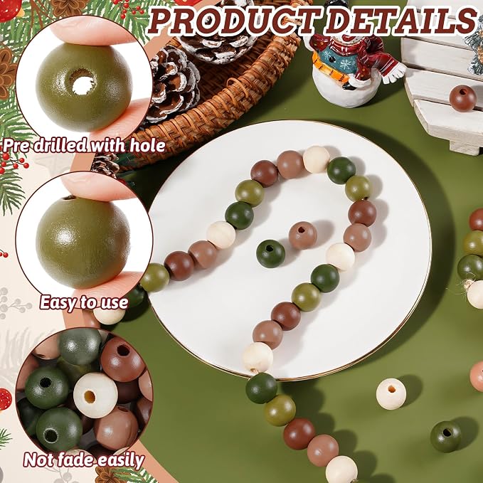 Whaline 240Pcs Christmas Wooden Beads Brown Green Beige Round Loose Bead - Image 3