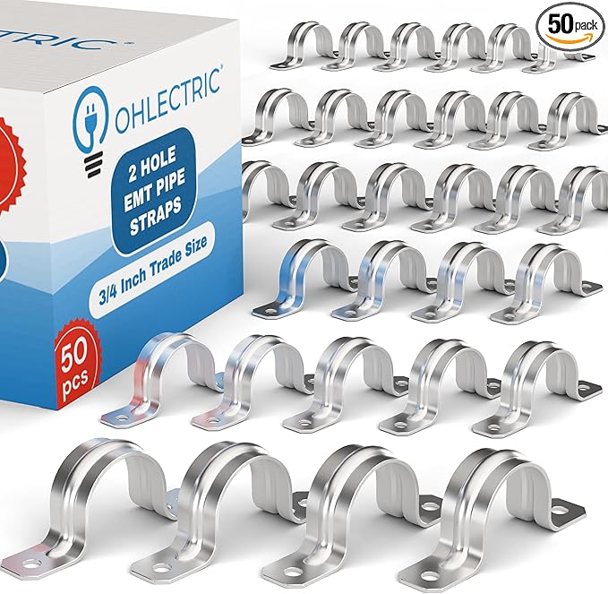 OHLECTRIC Heavy Duty Pipe Strap (50 Pack - ¾ Inch) Zinc Plated Conduit Clamps, 2 Hole Steel EMT Pipe Strap U Bracket, Zinc Coated Tension Tube Clip, Metal Pipe Clamp for EMT Conduits