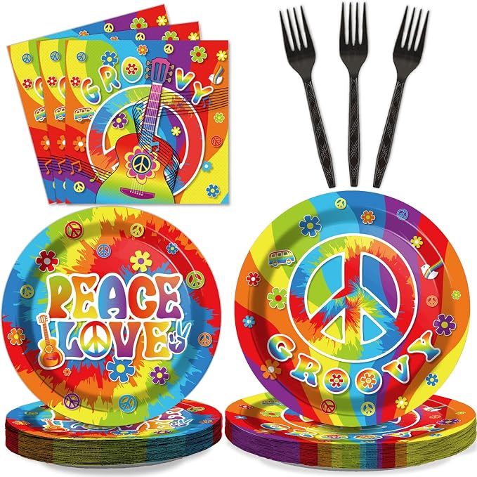 96 PCS 60’s Party Hippie Tableware Set Groovy Plates Napkins 60s Hippie Themed by Tevxj