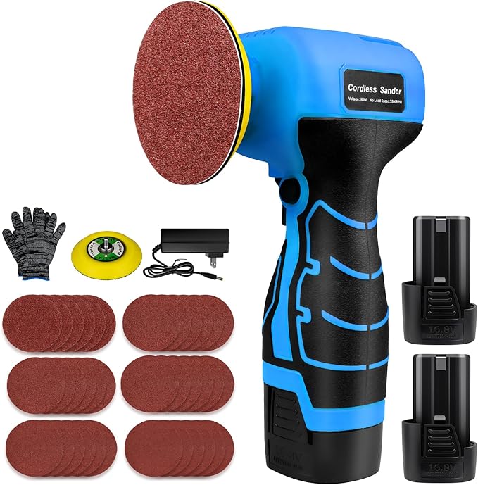 16.8V Cordless Electric Sander with 36PCS Sandpapers, 3500 RPM, 2Pcs 3.0Ah Batteries, Lightweight & Compact Design for Wood, Metal, Paint Removal, and DIY Projects