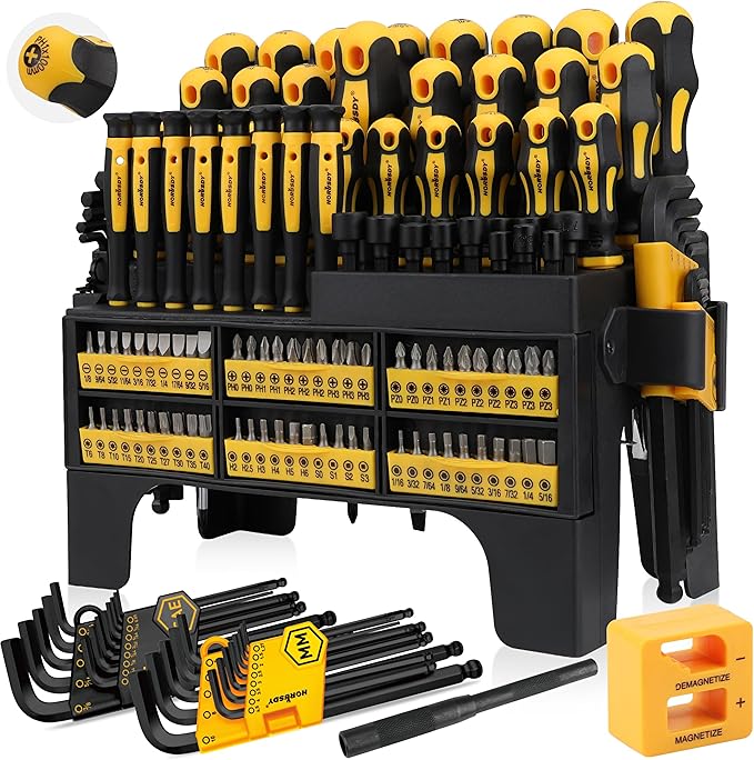 HORUSDY 140-Piece Magnetic Screwdriver Set with Plastic Racking, Includes SAE & Metric Hex Keys, Precision Screwdriver and Magnetizer Demagnetizer DIY Tools for Men Tools Gift