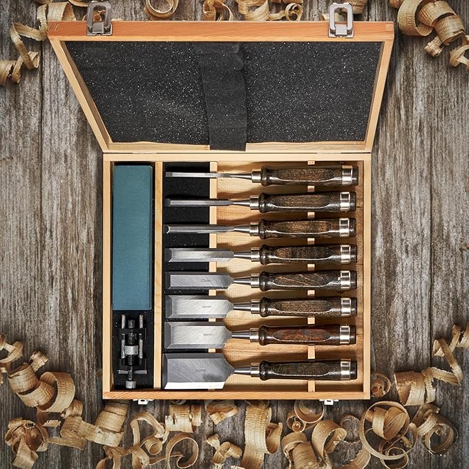 10 Pieces Wood Chisels Set with Honing Guide & Sharpening Stone for Woodworking Wood Carving Tools Kit with Wooden Box for Beginners and Professionals(Black Walnut)