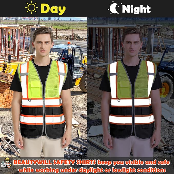 BeautyWill Custom Logo 10/20 Pack Safety Vest Class2 High Visibility Vest with Pockets Breathable Construction Vest Bulk