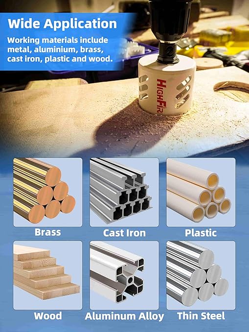 HIGHFIRE Bi-Metal Hole Saw Kit, 7-Piece Hole Saw Set 7/8",1",1-1/8",1-1/4" and 1-1/2" Hole Saw with Mandrels for Metal, Wood, Plastic, PVC and Drywall