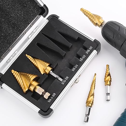 Titanium Step Drill Bit, 1/4" to 1-3/8" Spiral Flute Step Bit for Metal, 10 Sizes HSS Step Drill Unibit