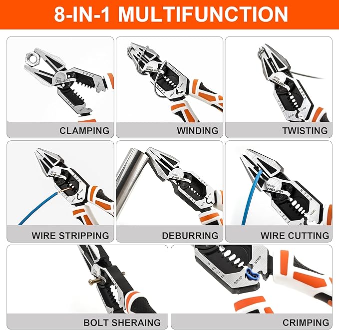 VANQUISH 8-in-1 Linesman Pliers, 8’’ Multipurpose Combination Pliers Wire Cutter/Crimper/Stripper, CRV Steel Hand Tool, Heavy Duty Side-Cutting Pliers for Crimping, Stripping, Shearing, Screwing, 3238