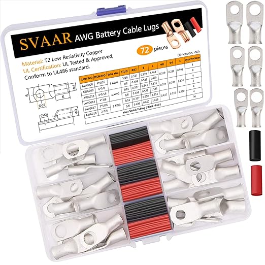 Tinned Copper Lugs 2 4 6 Gauge Battery Cable Ends Kit 72pcs,2 AWG 4 AWG 6 AWG Cable Lugs with 5/16" and 3/8"Ring Terminal Marine Grade Battery Terminal Connectors Crimp Wire lugs with Heat Shrink Tube