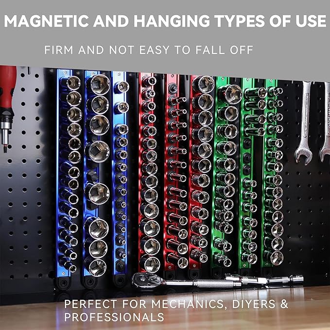 Magnetic Socket Holder Organizer Set - 9-Piece Detachable Trays for 1/4", 3/8", 1/2" Sockets, 120-Piece Toolbox Drawer Organizer, Aluminum Alloy Garage Storage for Mechanics & DIY (Red/Blue/Green)