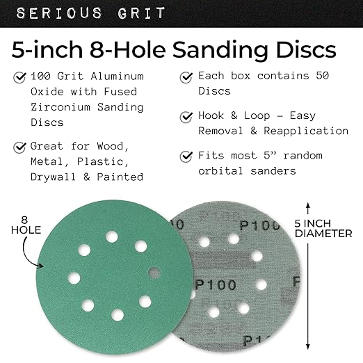 Sanding Discs 5 Inch 8 Hole 100 Grit - Heavy-Duty Hook & Loop Wet Dry Film Sandpaper Discs - Fine Grit Sand Paper for Random Orbital Sanders - Wood, Automotive, Metal, etc - 50 Pack Box