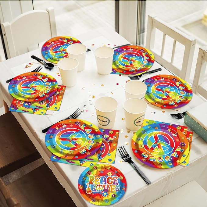 96 PCS 60’s Party Hippie Tableware Set Groovy Plates Napkins 60s Hippie Themed - Image 5