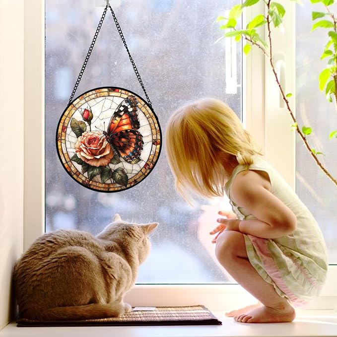 DASTOLL Stained Glass Window Hanging, Butterfly Picking Flowers Suncatcher - Image 3
