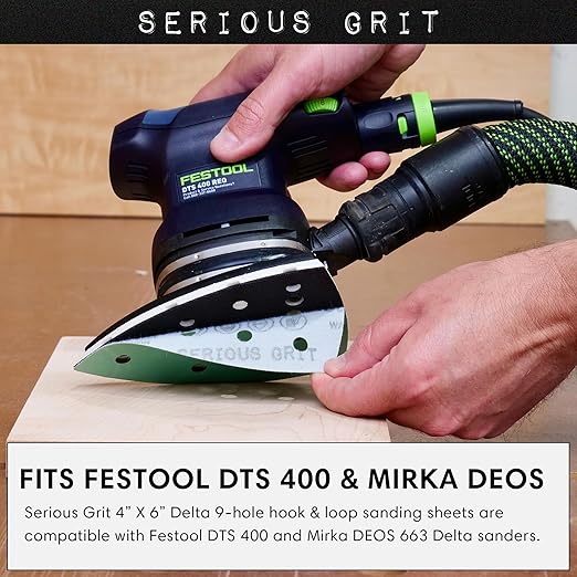 120 Grit 4" x 6" Delta (100mm x 150mm) Triangle Sanding Sheets - Fits Festool DTS 400 & Mirka DEOS Delta Sanders - Heavy-Duty Hook & Loop Film Sandpaper for Detail Sanders - 50 Pack Box