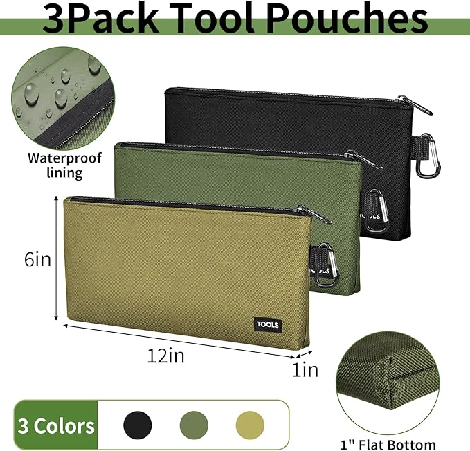 3 Pack Premium Tool Pouches Zipper Bag, 12 in Small Tools Bags with Carabiner, Heavy Duty Flat Bottom Utility Multipurpose Storage Organizer Bag for Tool, Stationary, Pencil (Tan, Navy Green, Black)
