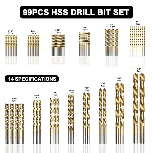 99 Pcs Drill Bit Set(1/16“-3/8”), 135° Tip Titanium Coated High Speed Steel, Twist Drill Bit Kit for Iron, Aluminum Alloy, Copper, Wood, Plastic, with Hard Storage