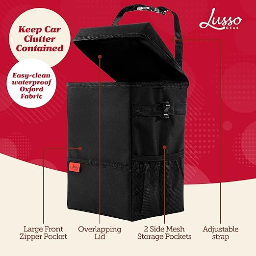 Lusso Gear Car Trash Can with Lid and Removeable Liner, Hanging Car Trash Bag with Hooks, Waterproof Fabric Car Garbage Bin, Automotive Travel, Trashcan car Accessories, for Truck Van and SUV (Red)