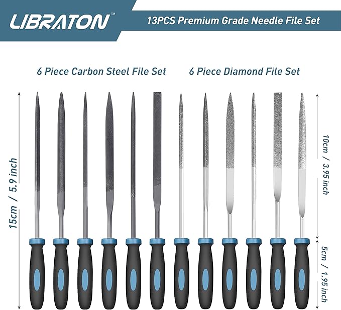 LIBRATON Small File Set, Needle Diamond Files 13PCS, 6pcs Jewlers & 6 Steel for Precision Metal Work, Wood, Woodworking, Plastic Carving Tool with Brush and Carry Case