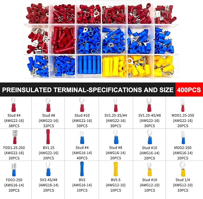 Crimping Tool Set，400pcs Insulated Wire Crimp, U-Type, Fork, Spade,Butt Ring Connector Assortment Kit and Ratchet Crimper Tool for Automotive Wiring (YmHS03C-400pcs)