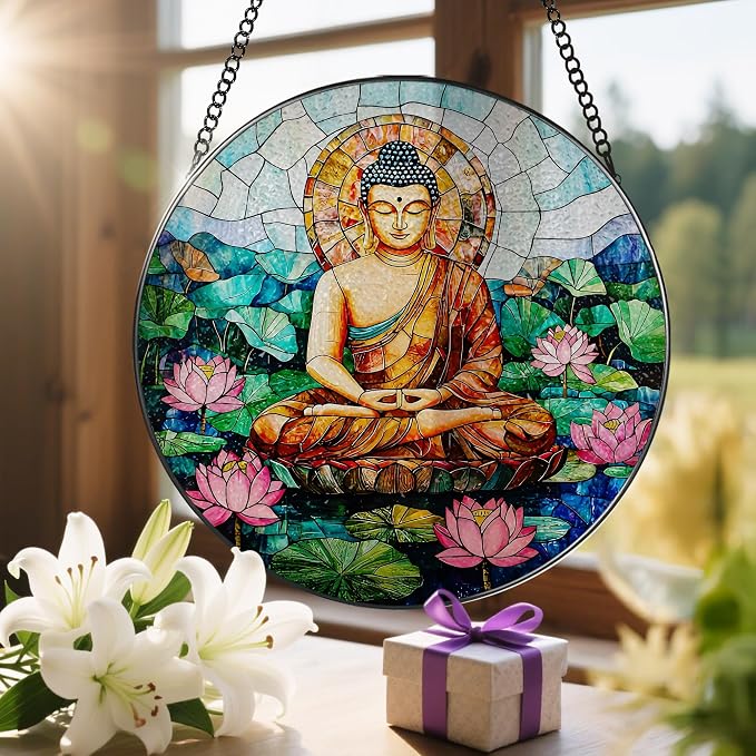 8-Inch Buddha Stained Glass Suncatcher & Ornament, Stained Glass Window Hanging - Image 6