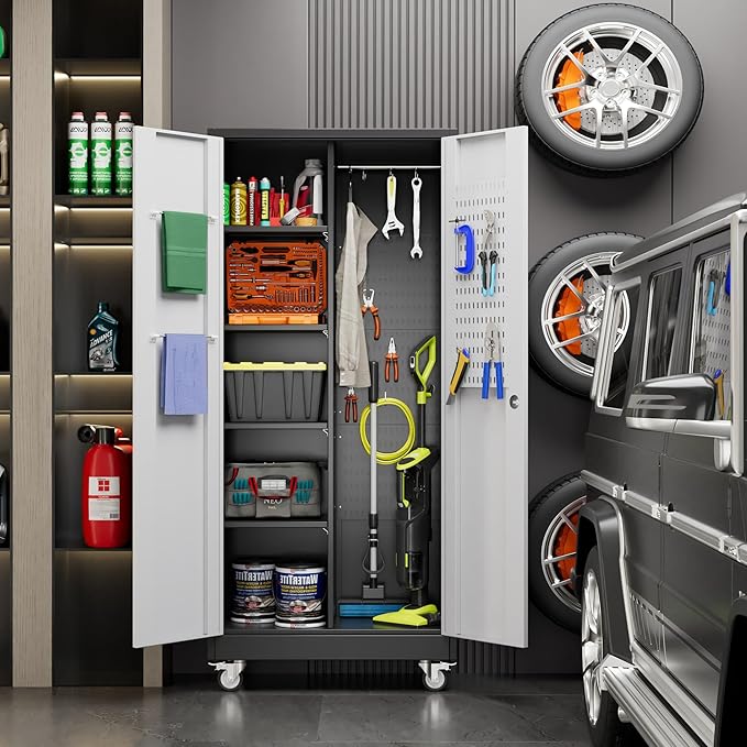 Garage Storage Cabinet with Wheels and Pegboard, Metal Broom Closet Storage Cabinet with Hanging Rod and Hooks for Garage, Bathroom, Home