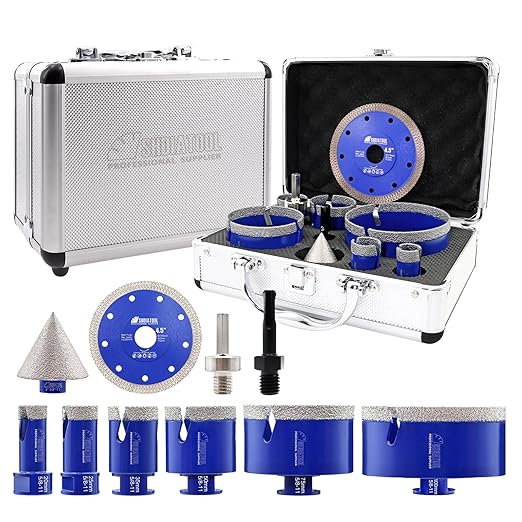 SHDIATOOL Diamond Tile Drill Bits Kit 10pcs, Porcelain Hole Saw Sets, Core Bits Cutter for Drilling Ceramic Marble Granite (20/25/35/50/75/100/2"/SDS/HEX/4.5”)