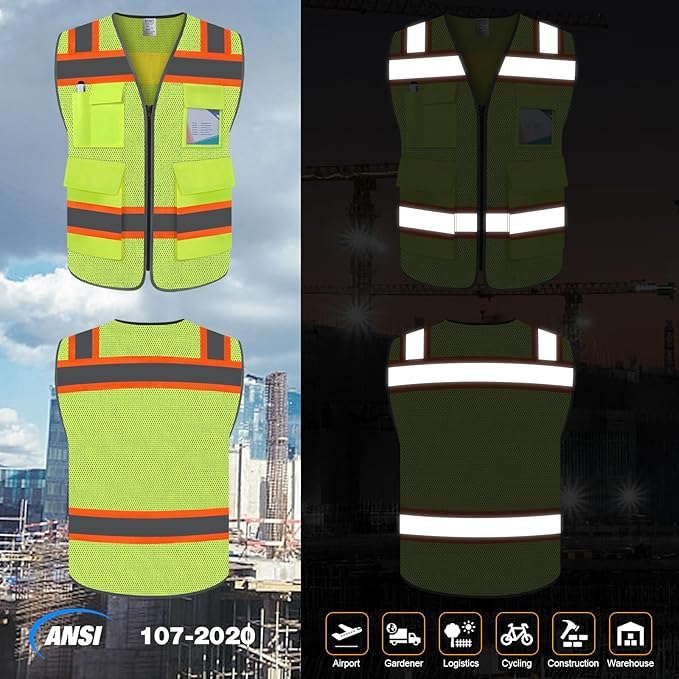TCCFCCT Reflective Vest 5 Pockets Mesh Safety Vest with Reinforced Zipper, High Visibility Surveyor Work Vest for Men Women with Fluorescent Orange Edge, Durable to Use, Meets ANSI/ISEA, DW-Yellow, XL