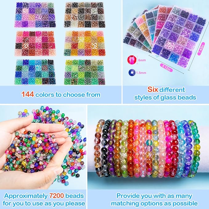 XSEINO About 7200pcs 144 Colors 6mm Crackle Glass Beads Bracelet Making Kit - Image 4