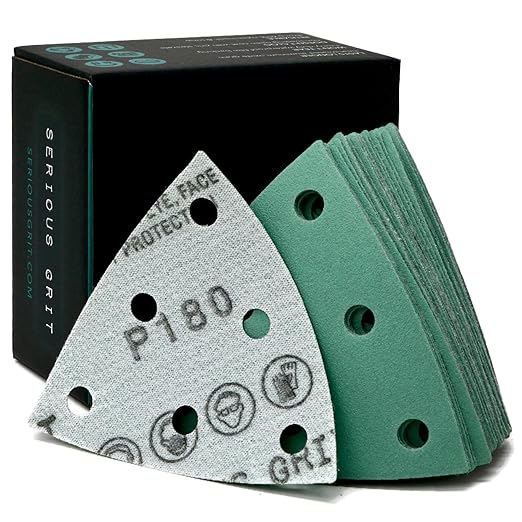 3.5" (93mm) 6-Hole 180 Grit Triangle Sanding Sheets - Fits Festool Rotex RO 90 Delta - Heavy-Duty Hook & Loop Film Disc Abrasives - Sandpaper for Detail Sanders - 50 Pack Box