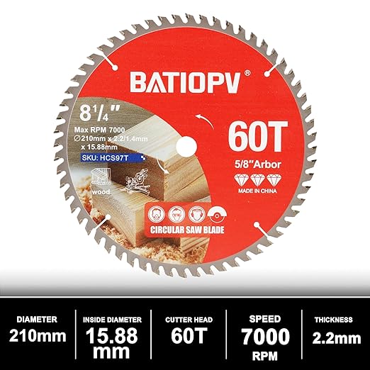 8-1/4 Inch Circular Saw Blade, 60-Tooth Carbide-Tipped Ultra-Fine Finish Professional Woodworking Blade for Smooth Cuts Compatible with Miter & Table Saws
