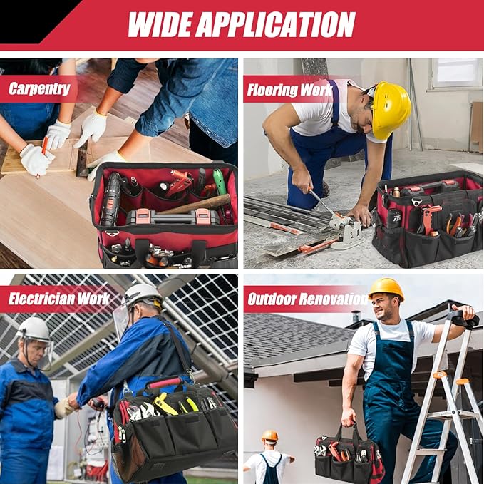 Tool Bag, Foldable Open 16 Inch Top Tool Bag Organizer for Easy Tool Access, Water-Resistant Construction, Electrician ToolBag with Handle & Padded Adjustable Strap, Red