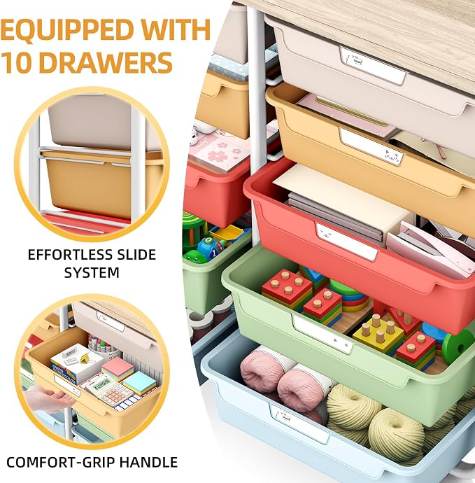 10 Drawers Rolling Cart with Wooden Tabletop, Utility Storage Cart with Wheels - Image 4